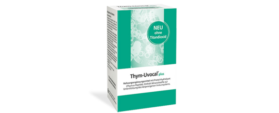 Weiß-grüne Schachtel Thym-Uvocal plus mit deutschem Text und der Plakette NEU ohne Titandioxid.