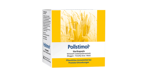 Eine Schachtel Pollstimol-Kapseln mit gelben Abbildungen von Körnern und der Aufschrift für die Behandlung der Prostatagesundheit.